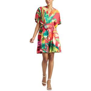 Natori Womens  Mandarin Silk-Blend Shirtdress, Red